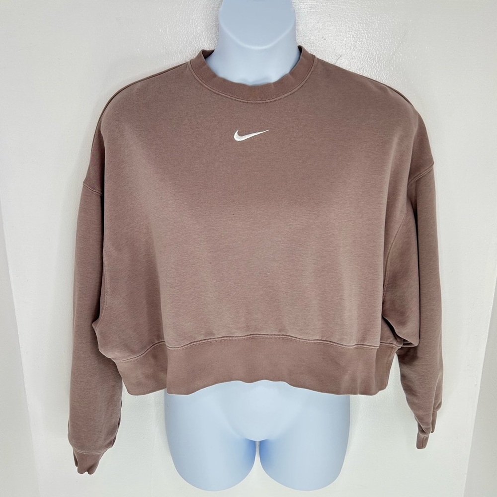 Nike Sweatshirt Womens Medium Pink Sand Center Swoosh Oversized Cropped Boxy - Picture 2 of 11